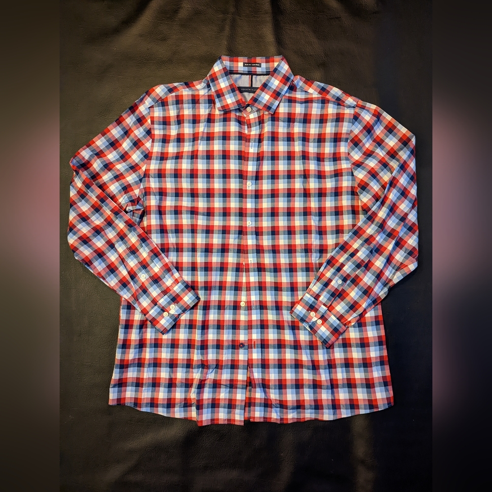 Tommy Hilfiger, Red/Blue Plaid Button-Up, Size 16 1/2 (32-33), NWOT